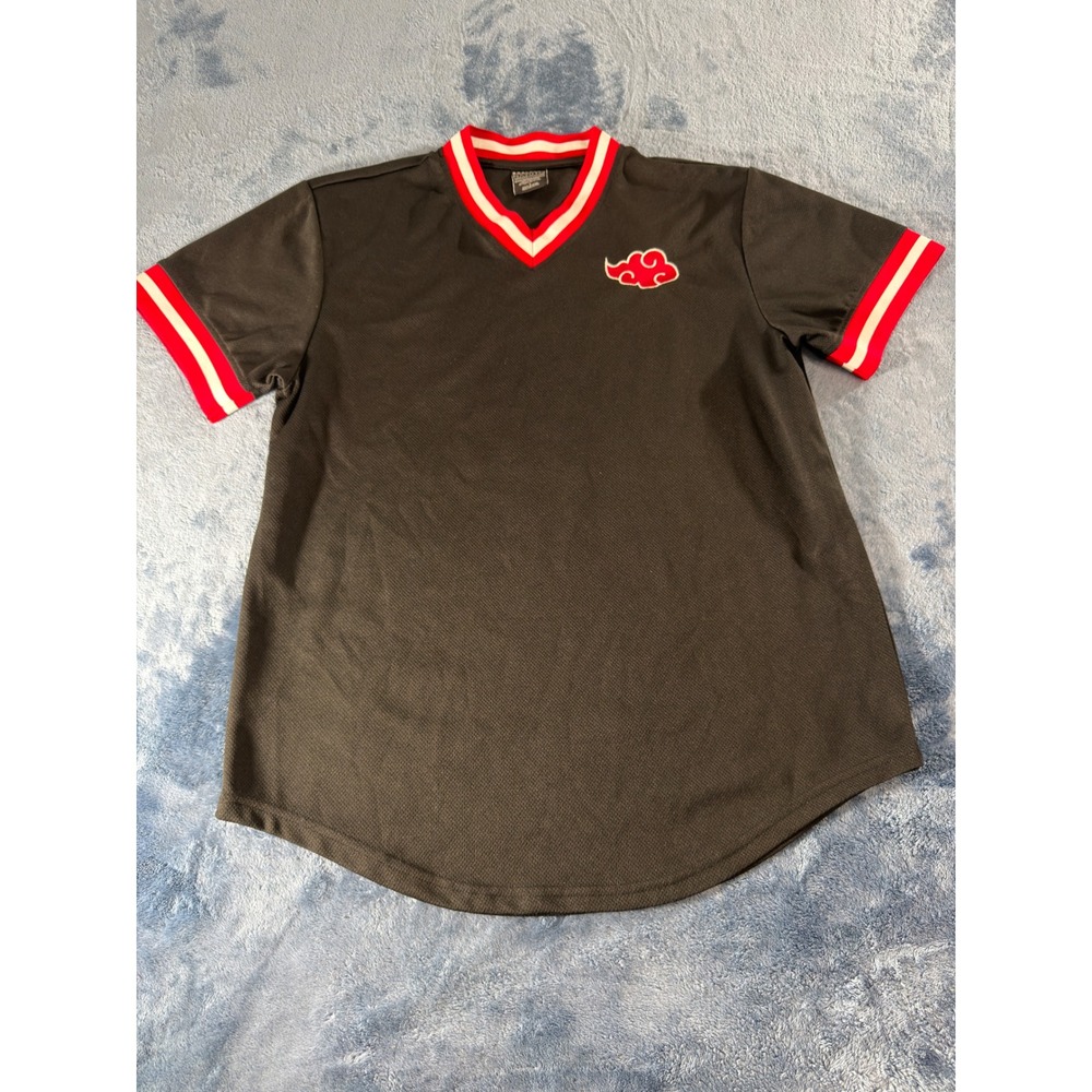 BoxLunch Naruto Akatsuki Jersey Mens L Black Excellent Red Cloud Anime Shirt